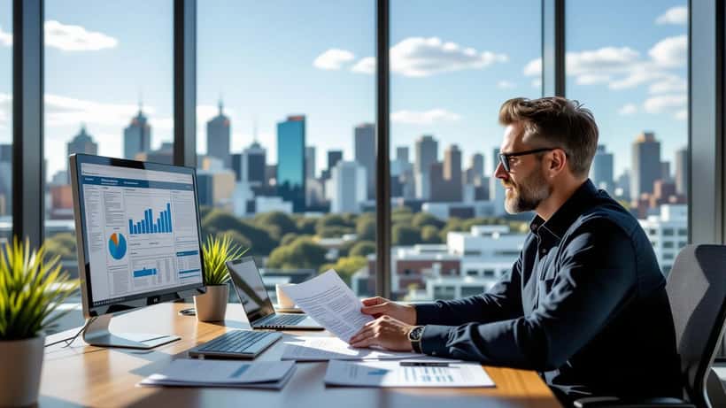Financial planning documents and superannuation statements on a desk in a Sydney office with city skyline view
