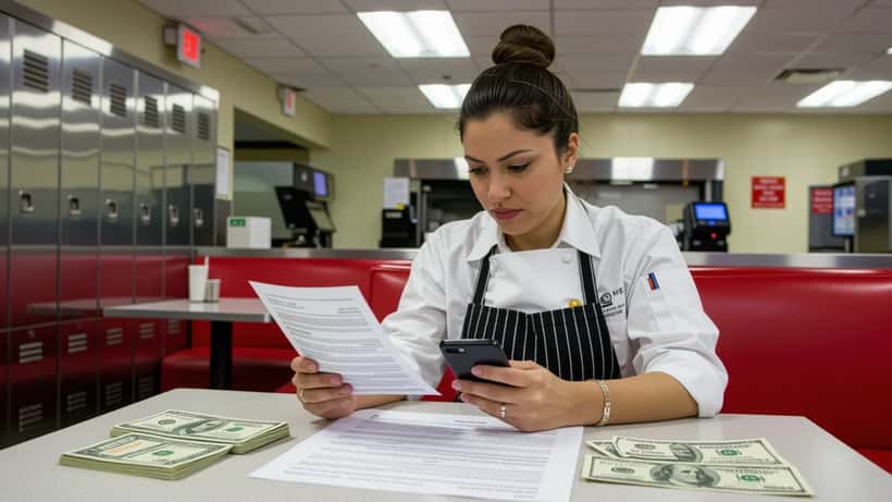Serveuse canadienne consultant son talon de paie dans une salle de pause de restaurant, fête du travail 2026