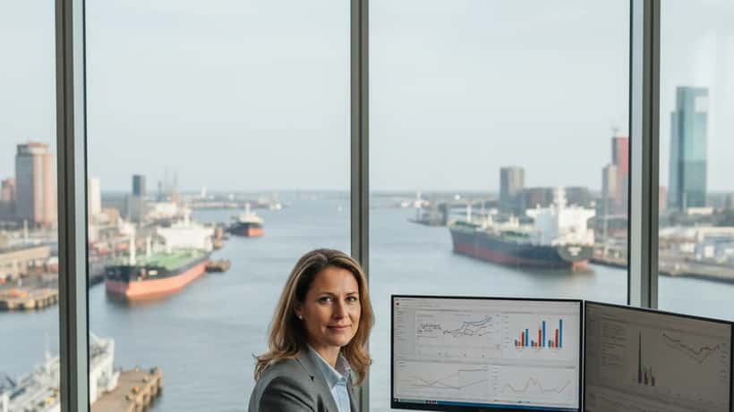 Nederlandse financieel adviseur bekijkt energiemarktcijfers in Rotterdam-kantoor tijdens kerosineschaarste 2026