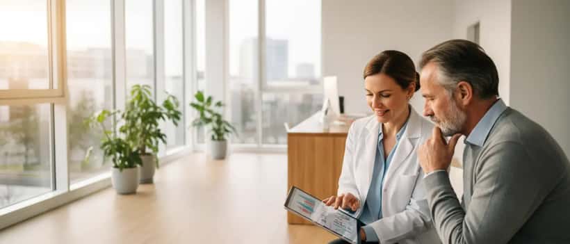 Médecin française consultant une patiente avec des résultats médicaux dans une clinique moderne