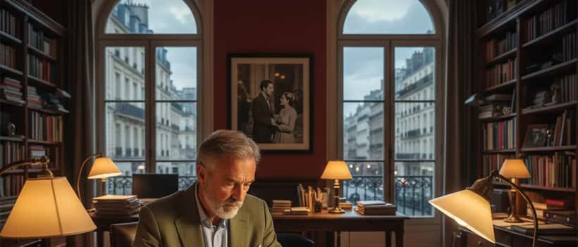 Homme parcourant des archives de films et des storyboards dans un bureau parisien