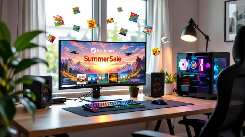 Bureau gaming moderne avec l'interface Steam Summer Sale 2026 à l'écran