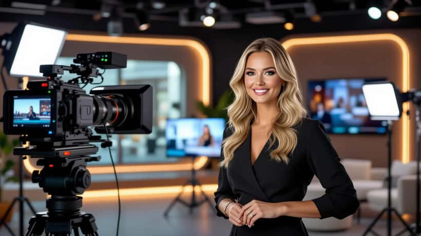 Viivi Pumpanen tv-juontaja modernissa studiossa vuonna 2026