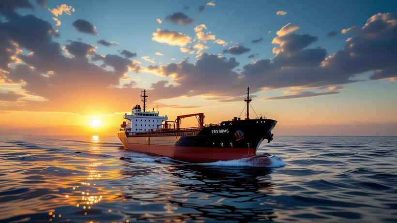 Navio petroleiro no Estreito de Ormuz ao amanhecer, simbolizando tensões geopolíticas em 2026