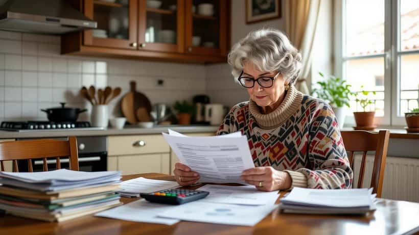 Reformada portuguesa a rever documentos de pensão com calculadora em mesa de cozinha em Lisboa