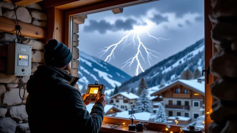Propriétaire suisse vérifiant son tableau électrique avec un orage et un paratonnerre visibles par la fenêtre