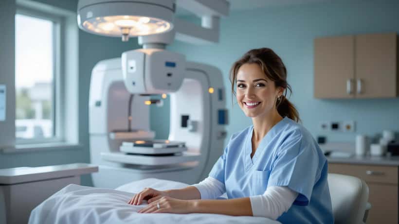 Woman in medical gown consulting with radiologist at Canadian mammography clinic