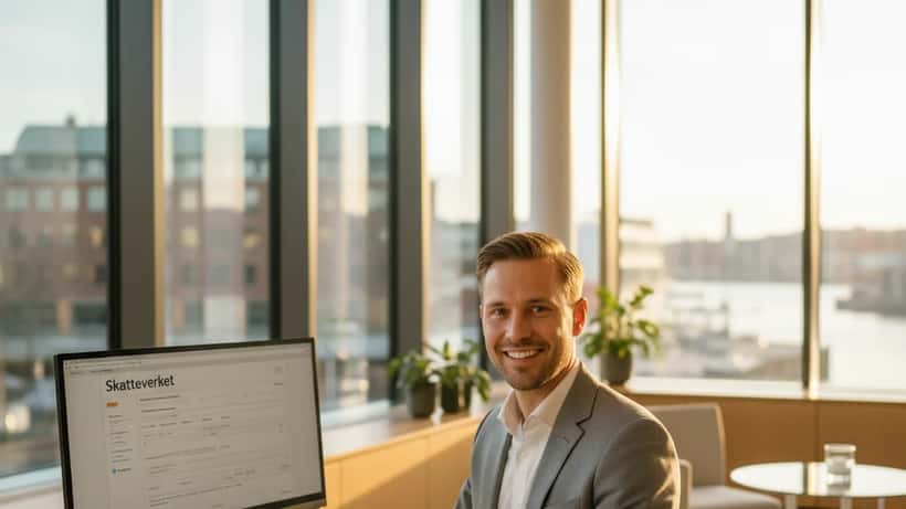 Svensk finansiell rådgivare granskar skattedeklaration på dator i Stockholmskontor