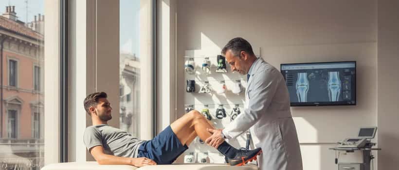 Medico dello sport italiano in camice bianco che visita il ginocchio di un calciatore in uno studio medico a Milano