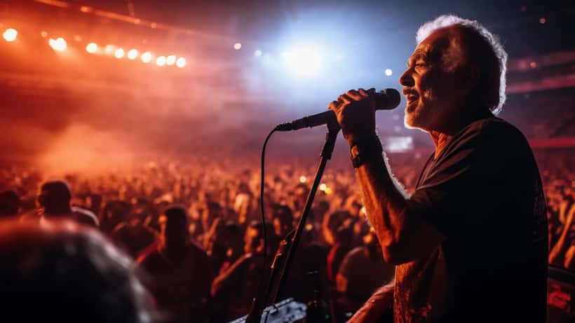 Cantor de rock segurando microfone em palco com iluminação dramática, expressão tensa