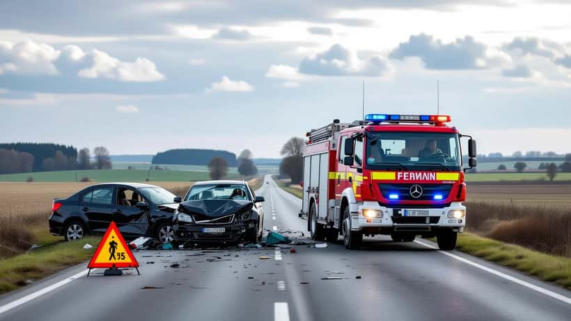 Rettungskräfte und Feuerwehr an einer gesperrten Bundesstraße nach einem Frontalzusammenstoß
