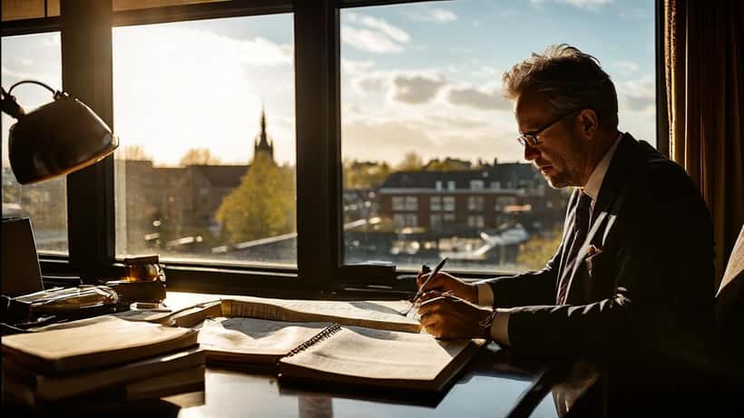 Entertainmentadvocaat in Amsterdam-kantoor bekijkt filmproductiecontract met clapperboard op bureau