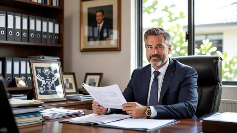 Solicitor reviewing a last will and testament with NRL memorabilia displayed in the office background