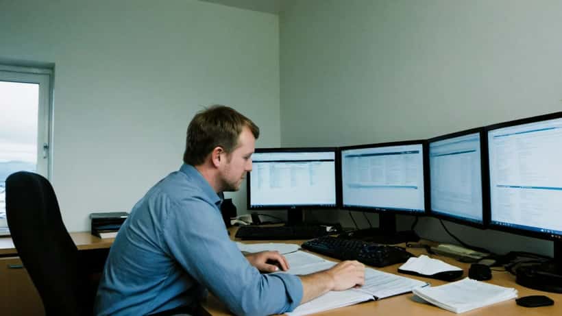 IT-sérfræðingur skoðar stafræna stefnu á skjáborði