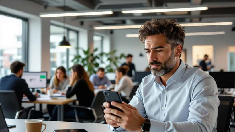 Trabalhador brasileiro lendo notícias do segundo turno de 2026 no celular em escritório de São Paulo