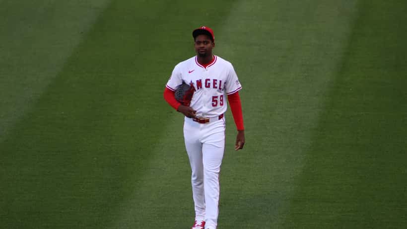 Jose Soriano pitching for the Los Angeles Angels in an MLB game