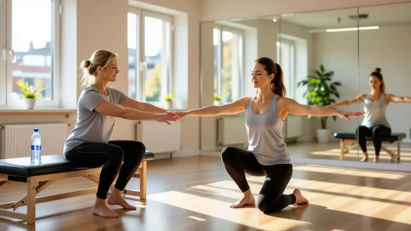 Fysioterapeutti ohjaa nuorta naista tasapainoharjoituksessa tanssistudiolla