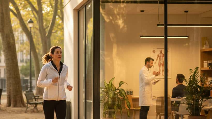 Femme de 42 ans qui court dans un parc à Lyon, consultation médicale sportive en arrière-plan