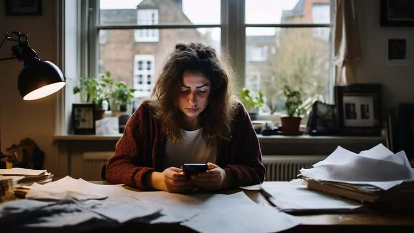 Young woman distressed by harassment on phone with legal documents on desk