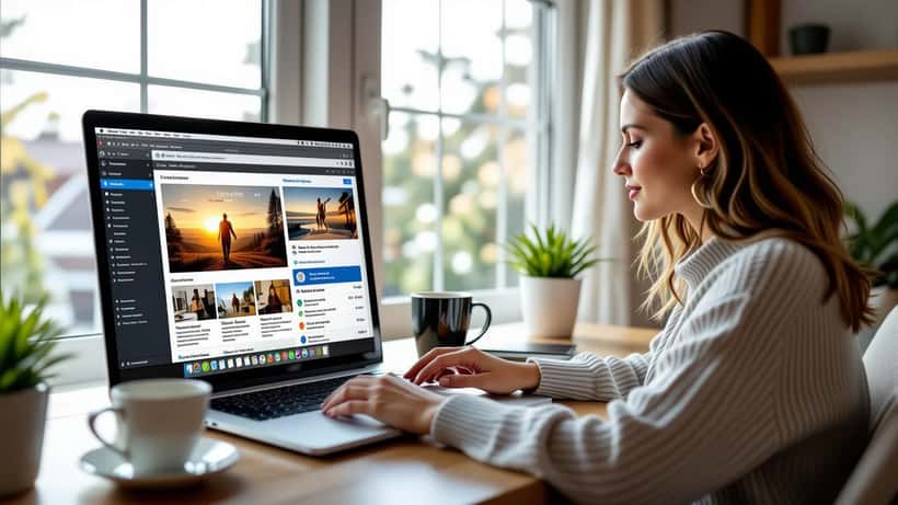 Professional woman reviewing AI-curated news feed on laptop in American home office, adjusting personalization settings