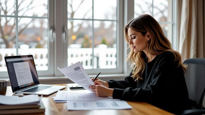 Woman reviewing USPS change-of-address form and government documents at a home office desk