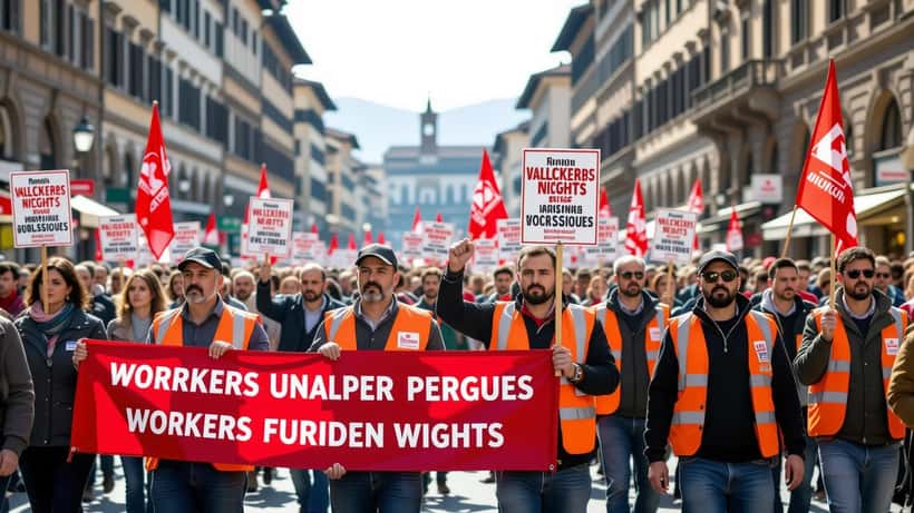 Operai in marcia per i diritti dei lavoratori a Firenze il 1° maggio 2026