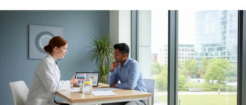 A nutritionist consulting a patient about healthy weight management in a UK clinic