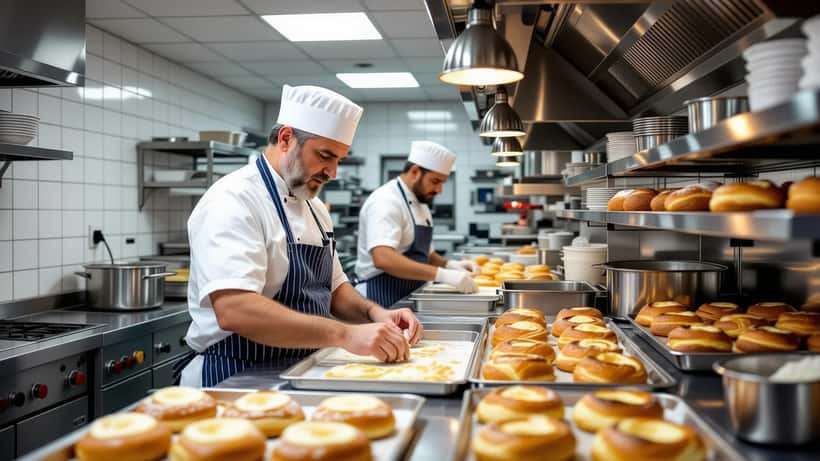 Laboratorio artigianale italiano di pasticceria con personale al lavoro, titolare in incognito che osserva i dipendenti