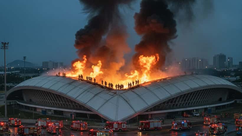 Bombeiros combatendo incêndio no velódromo do Parque Olímpico do Rio de Janeiro