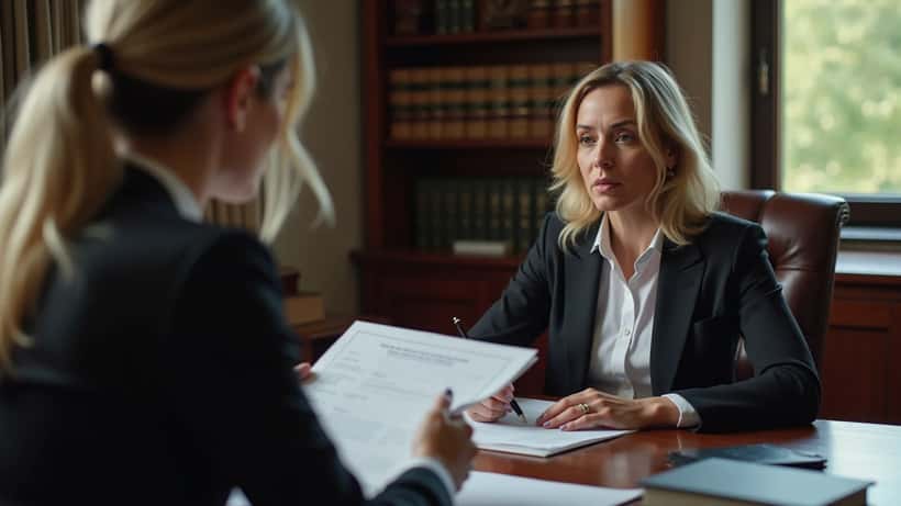 Avocate en consultation avec un client, documents de séparation sur un bureau en bois, bureau juridique en Suisse