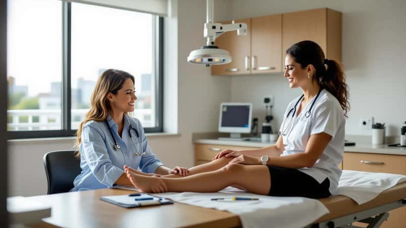 Consulta médica para diagnóstico de lipedema: especialista examina pernas de paciente