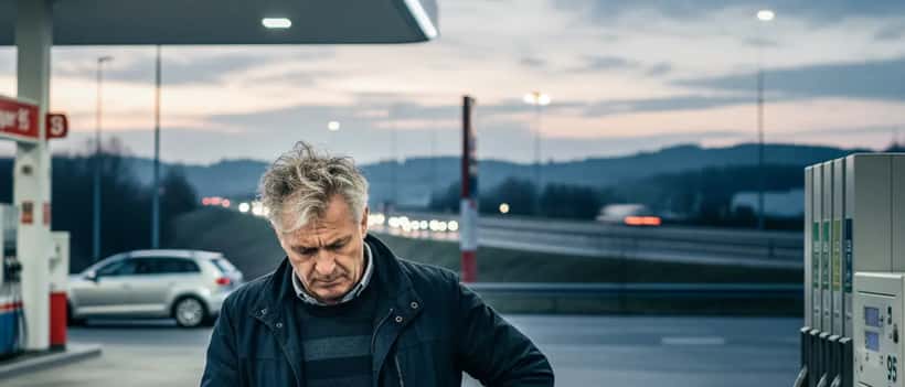Gestresster Autofahrer an einer Tankstelle prüft seine Geldbörse angesichts hoher Benzinpreise