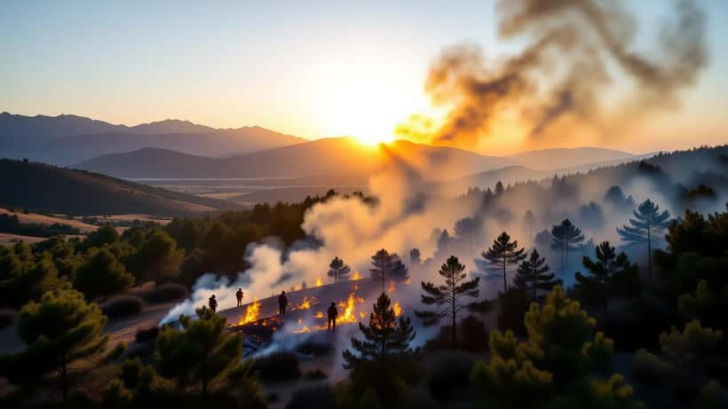 Rök stiger från en skogsbrand i Spanien sommaren 2026