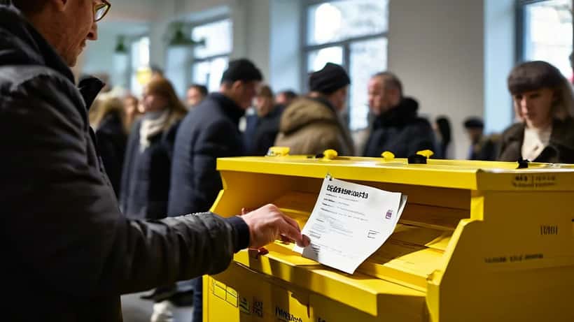 Vallokal i Sverige med valsedlar och röstningsbås