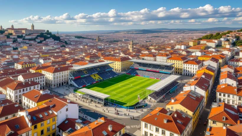 Vista aérea de Barcelos, cidade do Gil Vicente Futebol Clube, no norte de Portugal