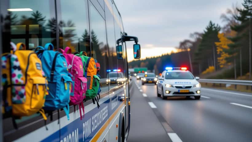 Turistbus med skolebørn stoppet på motorvej ved Aarhus med politibil bagved