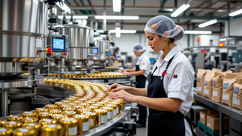 Operaia al confezionamento capsule caffè in uno stabilimento industriale italiano, ripresa in stile documentaristico