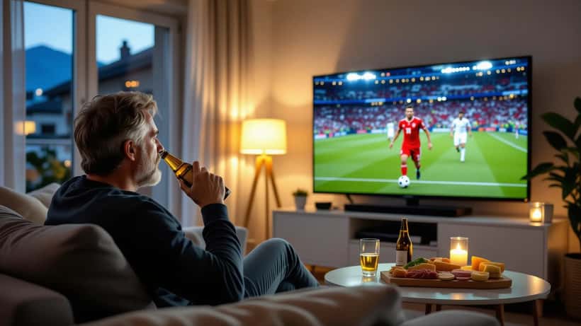 Supporter de football regardant un match UCL sur grand écran, main sur la poitrine, expression de stress, style photo documentaire