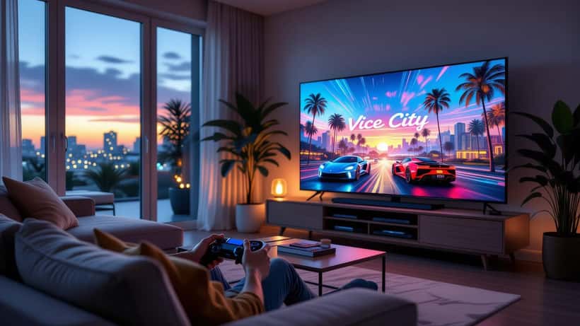 Gamer forbereder seg på GTA 6-lanseringen høsten 2026 foran en stor 4K-skjerm