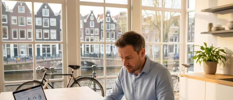 Man bekijkt hypotheekdocumenten aan keukentafel in Amsterdam met laptop en financiële grafieken