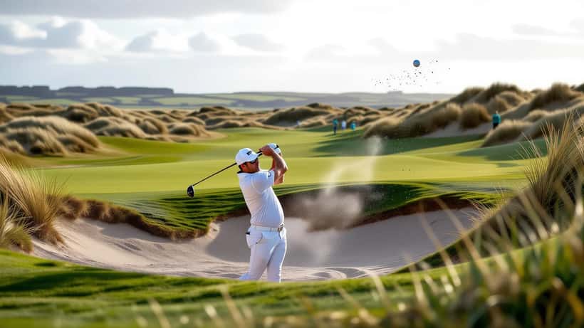 Golfer playing out of a deep fairway bunker at a windswept British links course