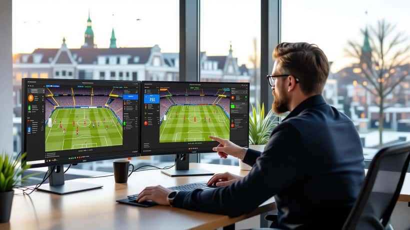 IT-consultant analyseert WK 2026 football data op dual screens in Amsterdam kantoor