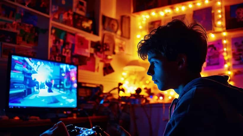 Adolescente italiano che gioca ai videogiochi in camera sua, Dragon Ball poster alla parete