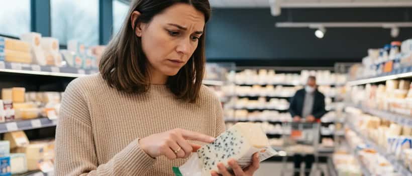 Une consommatrice examine l'étiquette d'un gorgonzola dans un supermarché français