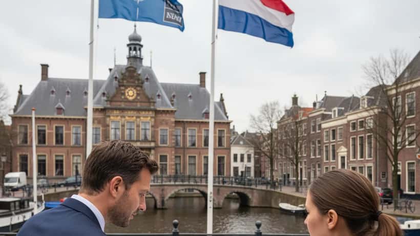 Nederlandse vlag naast NAVO-logo met grafieken van defensie-uitgaven op achtergrond