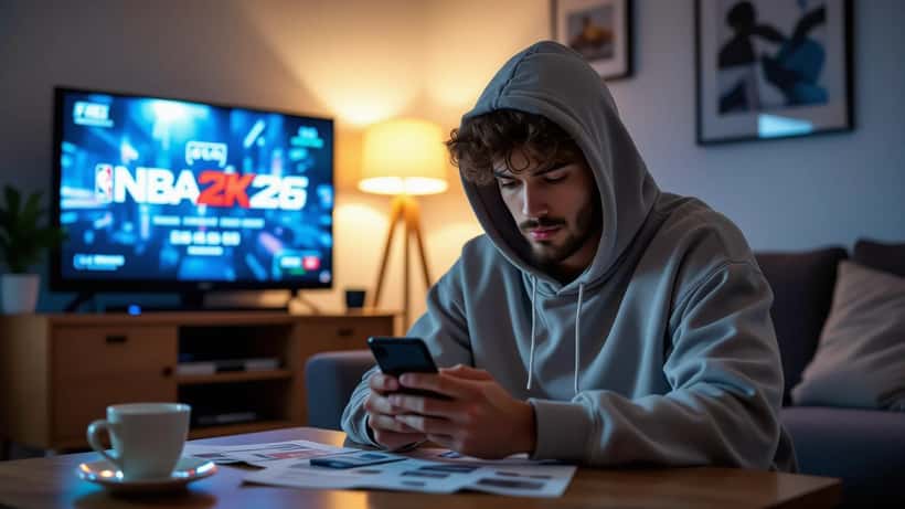 Joueur consultant son téléphone après avoir dépensé de l'argent réel sur des packs NBA 2K26