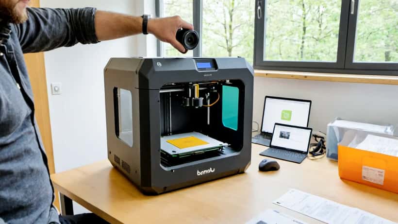 Verbraucher untersucht neuen 3D-Drucker mit ausgedruckten Teilen auf dem Tisch