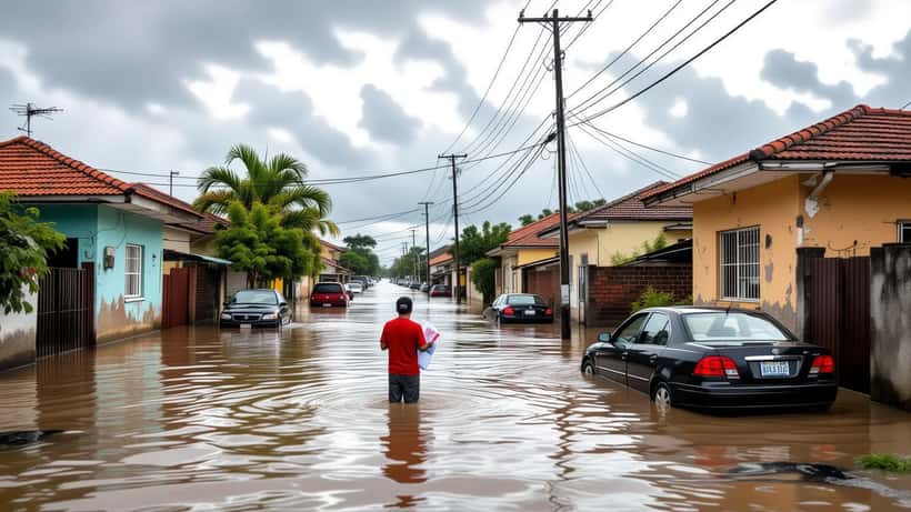 Casa inundada após tempestade extrema — danos climáticos ao patrimônio residencial