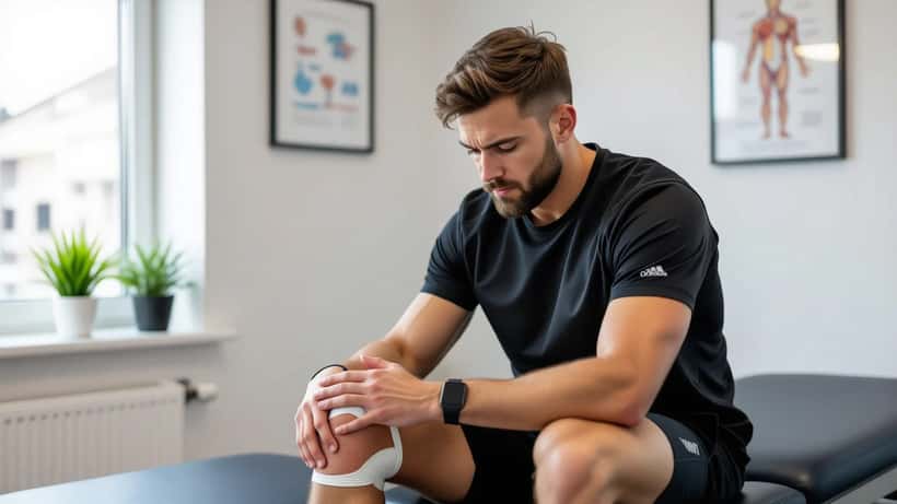 Sports physiotherapist examining a male athlete's knee at a private London sports medicine clinic