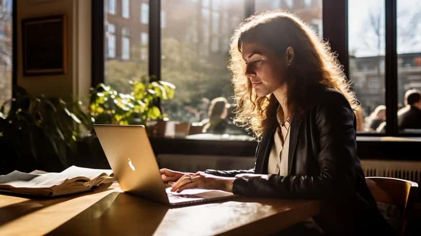 Nederlandse vrouw studeert voor bijscholing met laptop en cursusmateriaal in bibliotheek Amsterdam